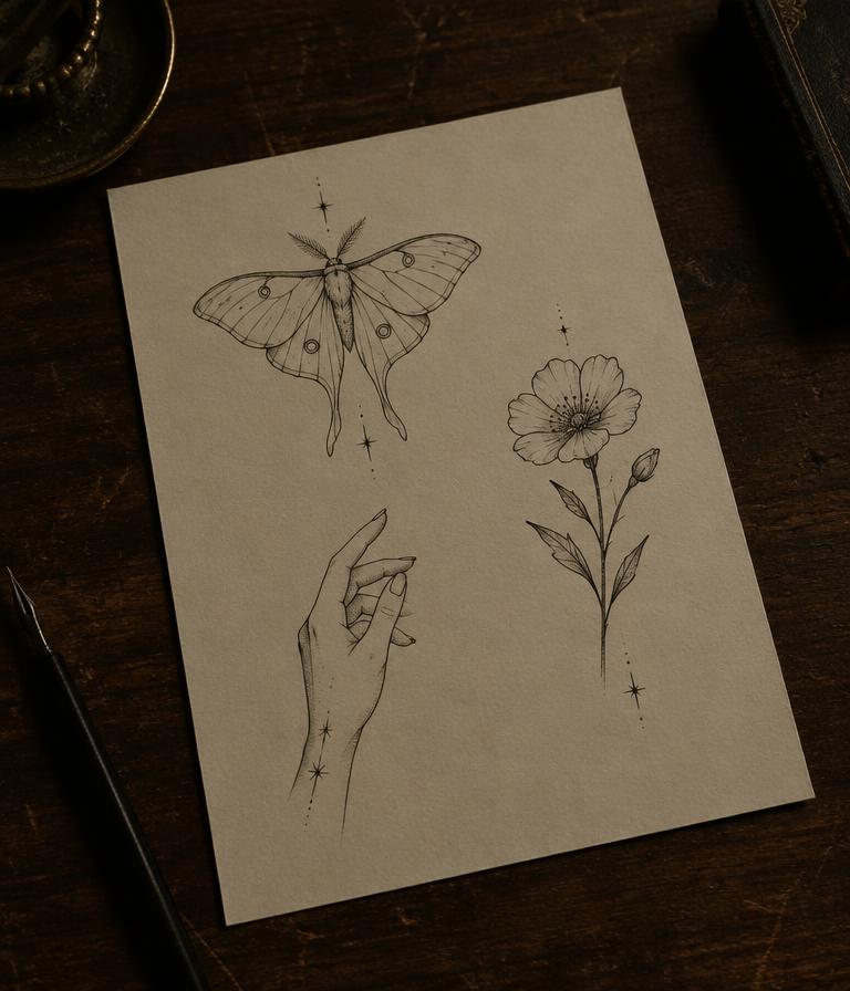 Folha com desenhos autorais de flash tattoo