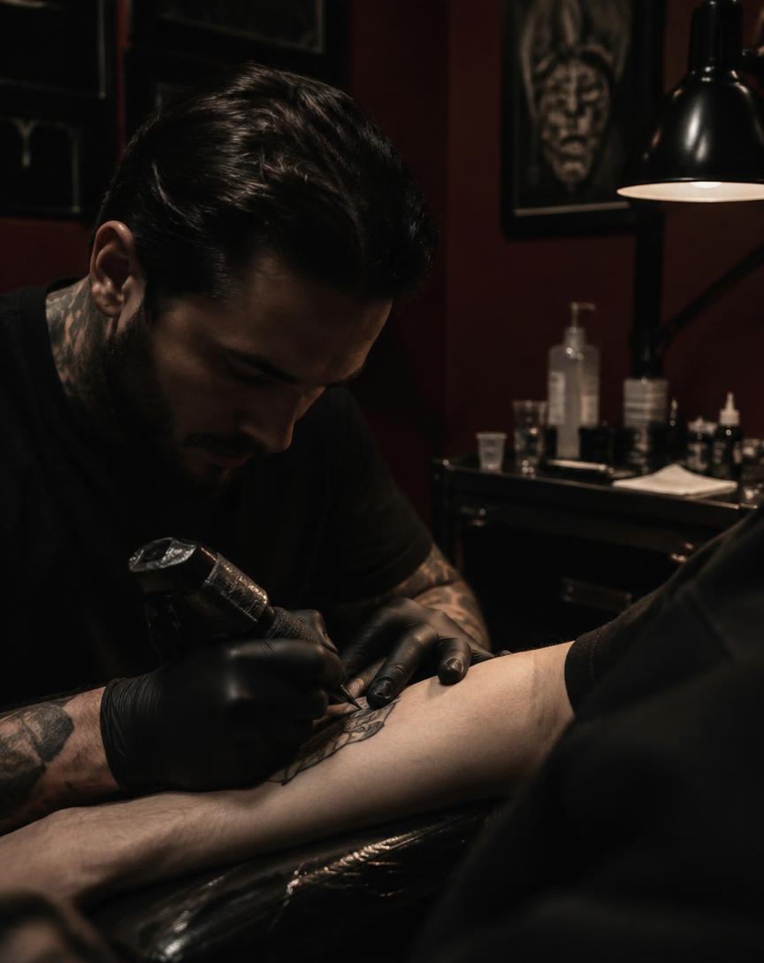 Lucas Veiga tatuando o antebraço de um cliente no estúdio