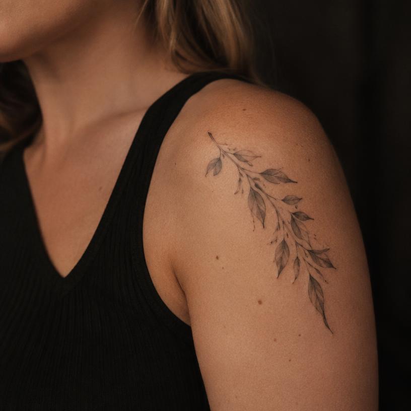 Tatuagem fineline de ramo de folhas no ombro